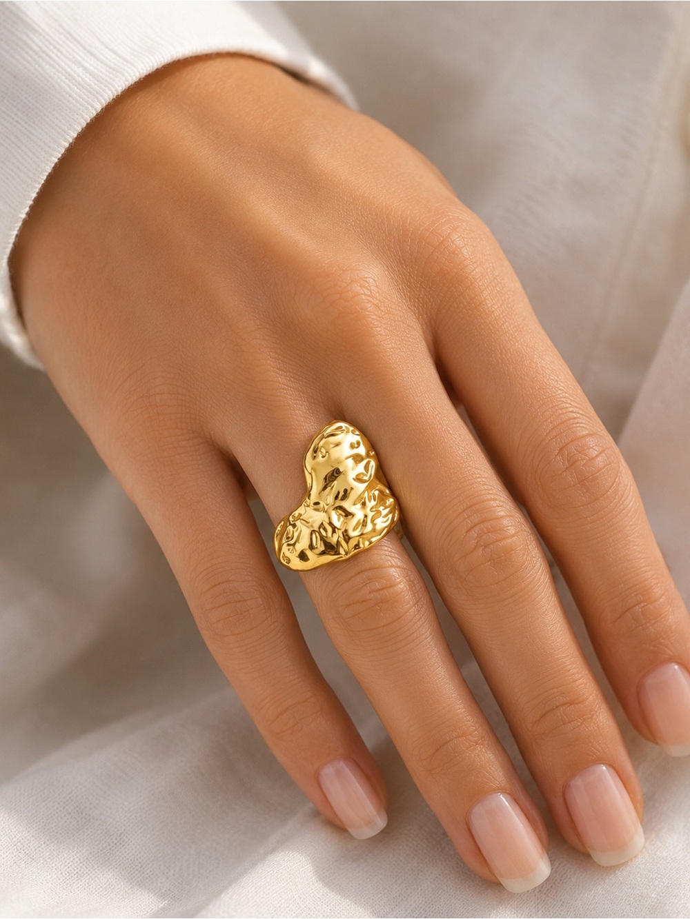 18K Gold Plated Sculptural Heart Statement Ring Adjustable Waterproof